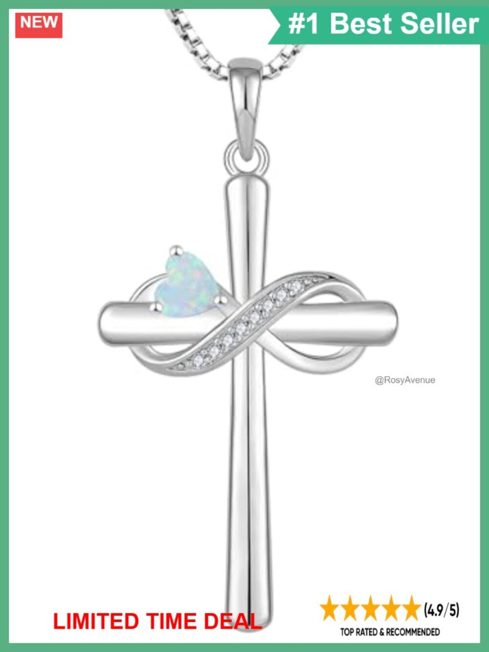 925 Sterling Silver Infinity Cross Necklace Heart Opal Pendant
